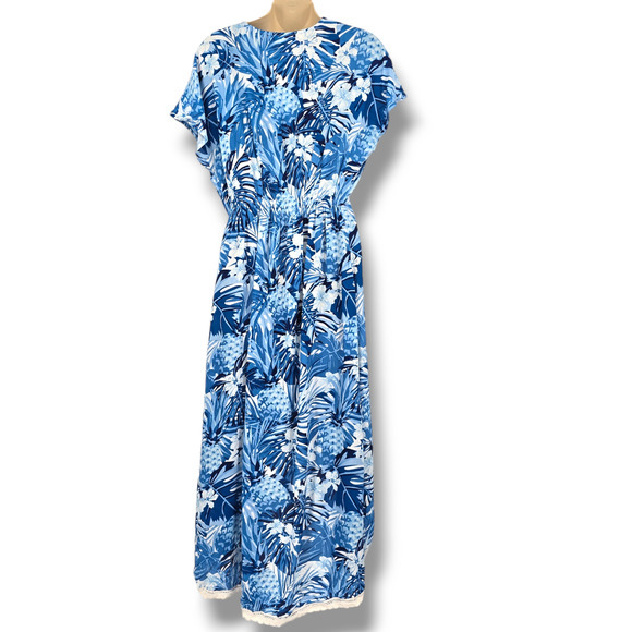 NEW America & Beyond Blue Pineapple Floral Crochet Lace Trim Maxi Dress Cover Up - Picture 2 of 12
